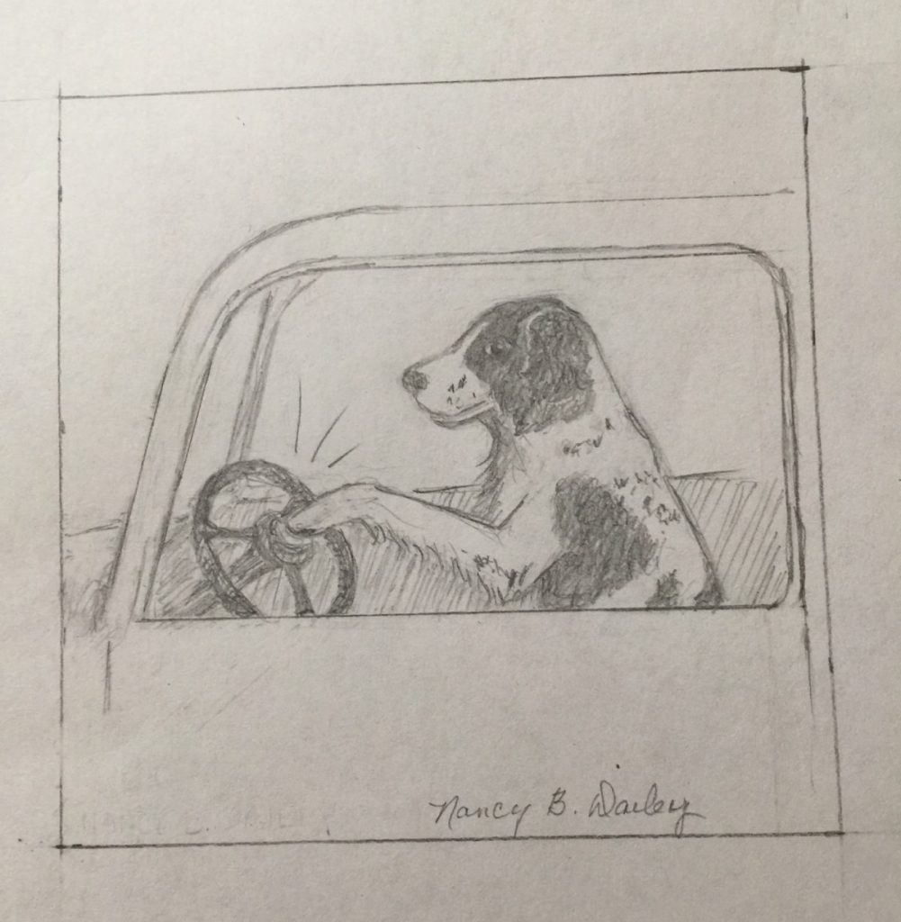 drawing of Jim in car