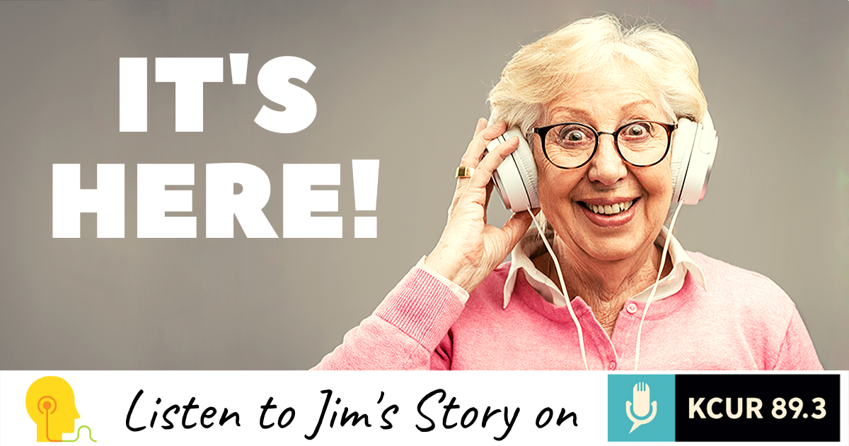 happy senior wearing headphones inviting audience to listen to podcast